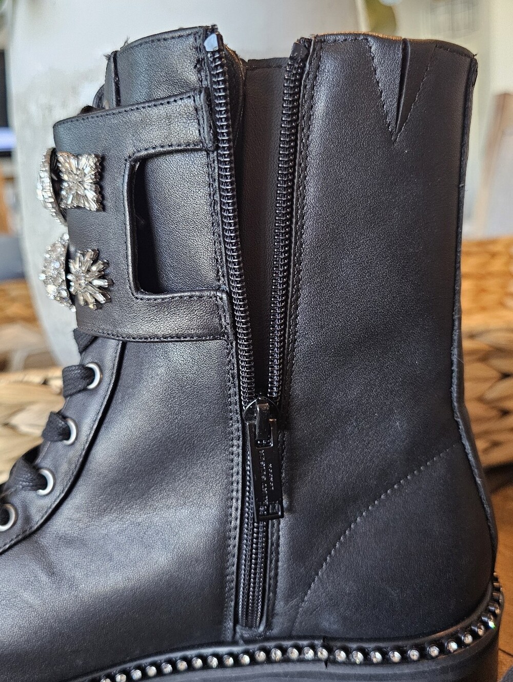 👁Kurt Geiger👁 Black Leather W/Crystal Lace-Up Boots Women's Sz 7.5 8 9.5 & 10 - Picture 6 of 11